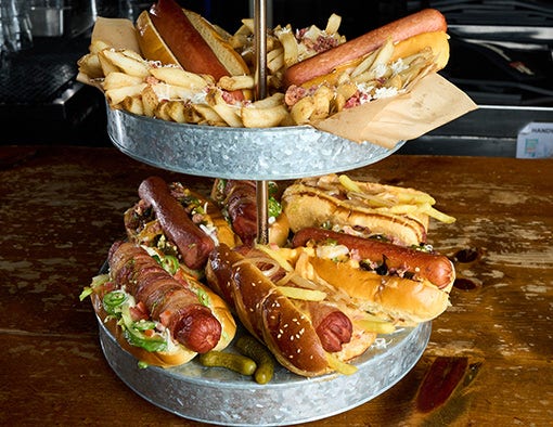 Ultimate Hot Dog tower recipe with three different types of hot dogs