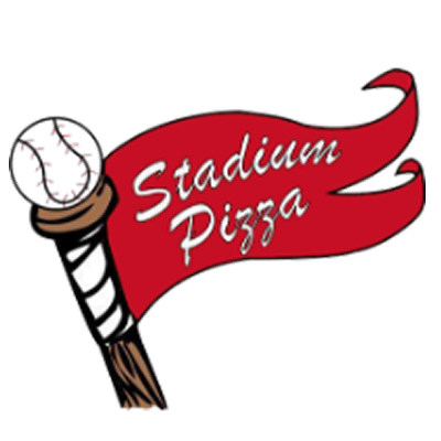 Stadium Pizza logo with a red pennant reading 'Stadium Pizza' in white script, attached to a stylized baseball bat with a baseball on top