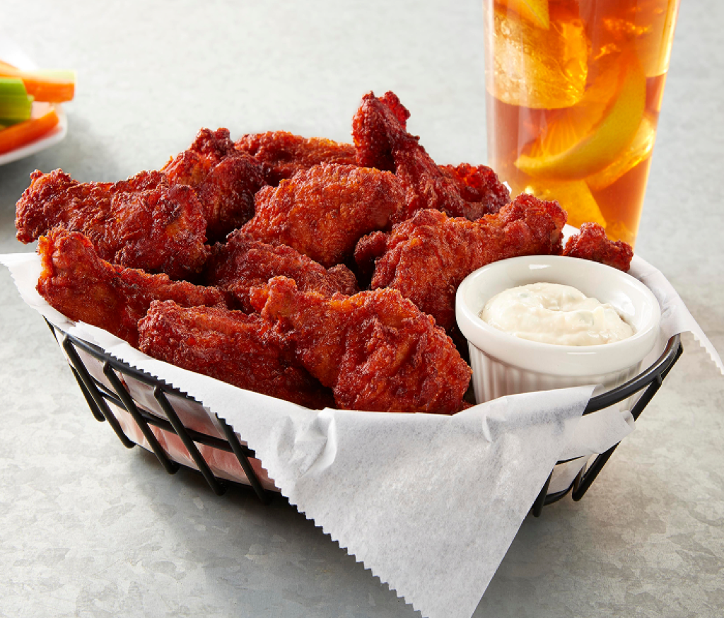 wings, sauce and a beverage