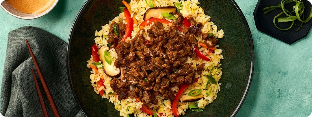 plated Spicy Honey Hibachi Steak Bowl entrée