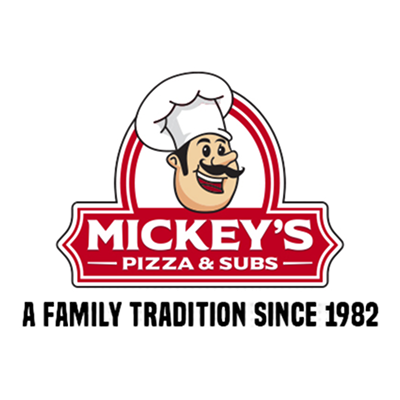 Mickey's Pizza & Subs logo with a smiling cartoon chef, mustache, chef's hat, and 'A FAMILY TRADITION SINCE 1982'