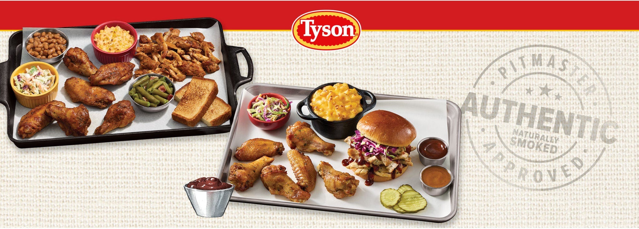 Tyson Pitmaster image showing trays of smoked chicken wings, sides, and a barbecue sandwich, with Tyson logo and Authentic Smoked stamp