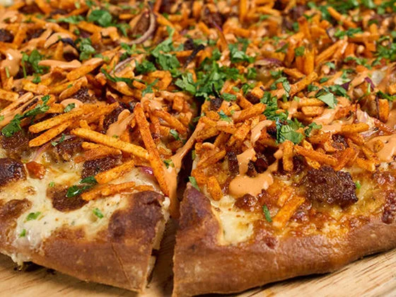 Chorizo Con Papas Pizza ready to serve