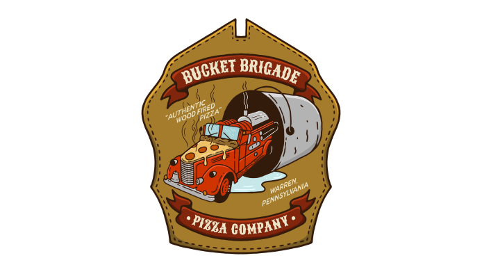 Logo for Bucket Brigade Pizza Company, featuring a fire truck with a pizza on its hood