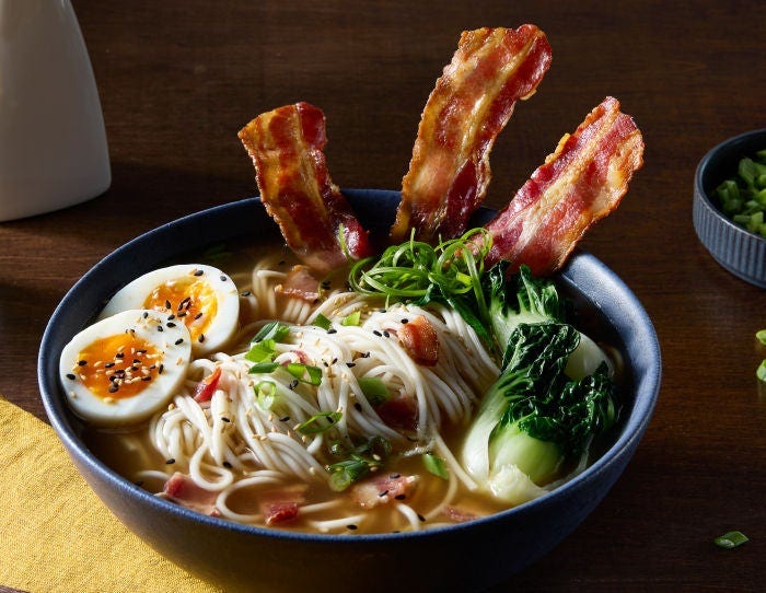 Bacon Ramen Bowl with eggs, bacon, ramen, and broth