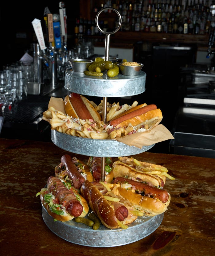 Ultimate Hot Dog tower recipe with three different types of hot dogs