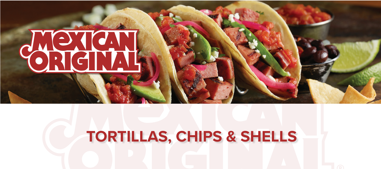 Mexican Original Tortilla, Chips & Shells with three ham tacos with salsa and avocado