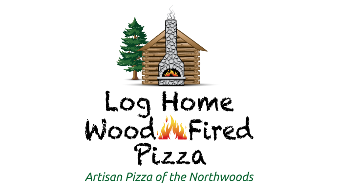 Logo for Log Home Wood Fired Pizza, featuring a log cabin with a stone chimney pizza oven