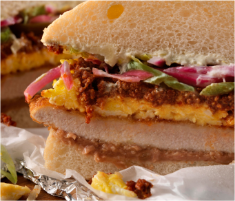Pork cutlet, egg and chorizo sandwich