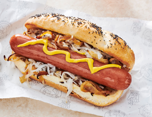 Maxwell Street Polish Dog served on a poppy seed bun
