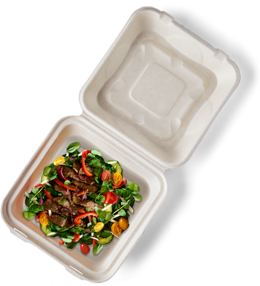 A salad made with marinated steak in a to-go container