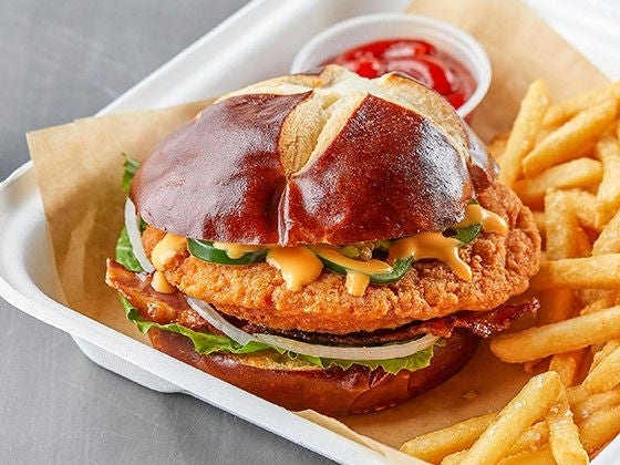 Cheesy Chicken Filet Sandwich with a side of fries