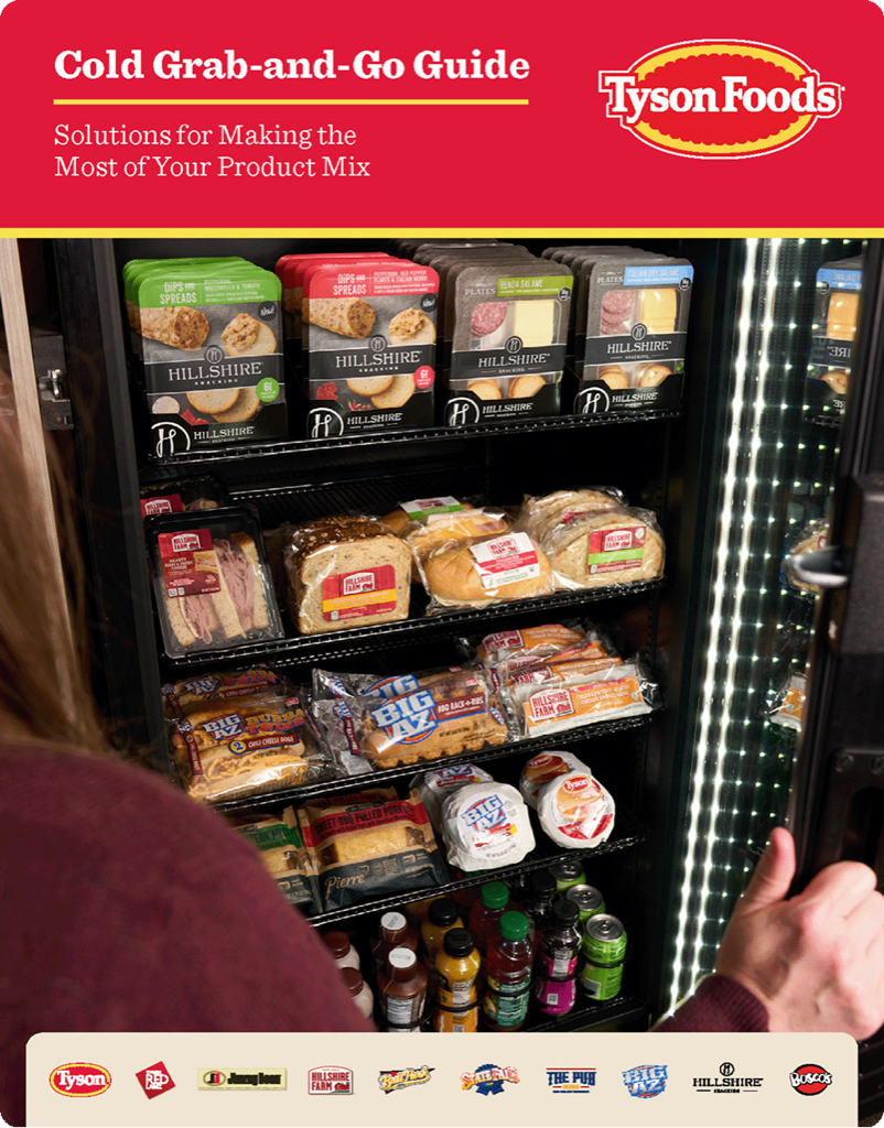Tyson Grab-and-Go sales brochure featuring a fully stocked convenience store cooler