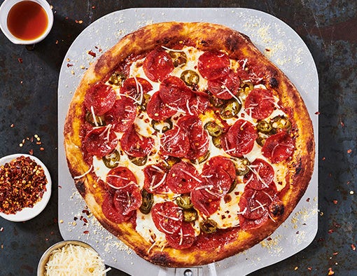 Pepperoni and jalapeño bee sting pizza