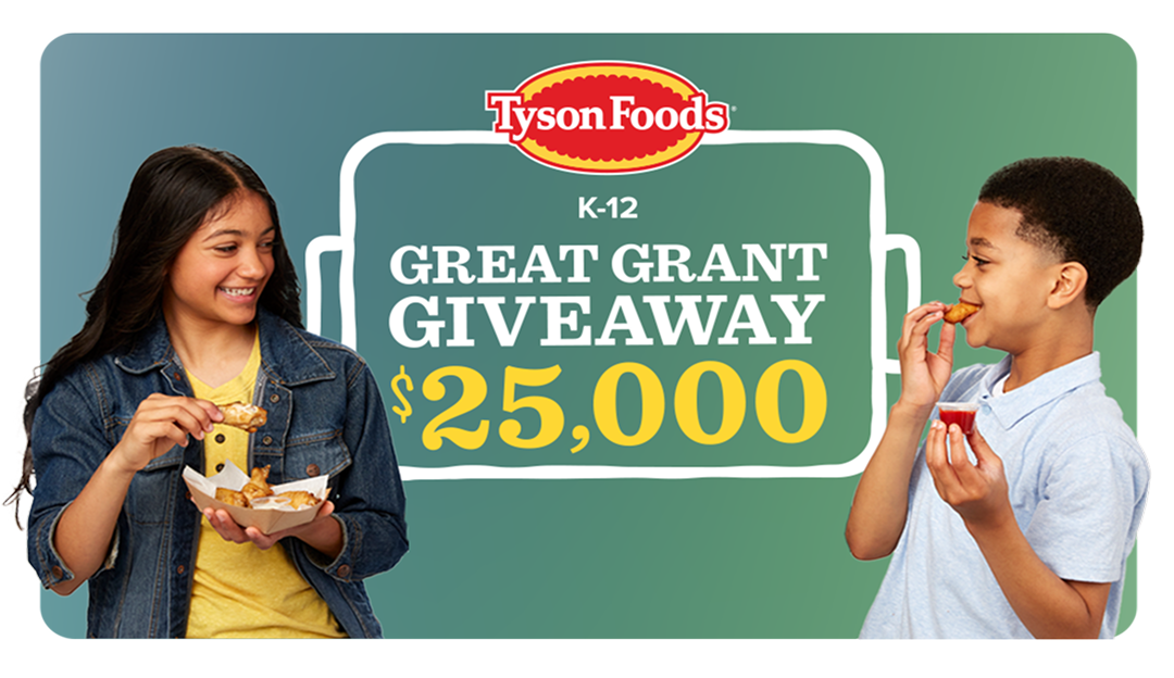 A girl and a boy enjoying handheld snacks with a Tyson Great Grant Giveaway logo in the backdrop