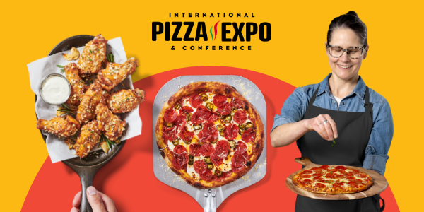 Pizza Expo with plated tenders, pepperoni and jalapeno pizza and female chef sprinkling toppings on a pizza