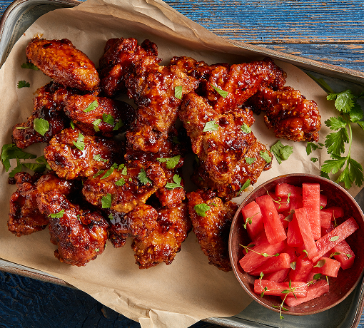 BBQ hoisin breaded wings with pickled watermelon
