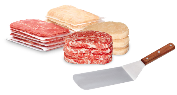 Philly steak beef and chicken as flat steak or pucks with a metal spatula