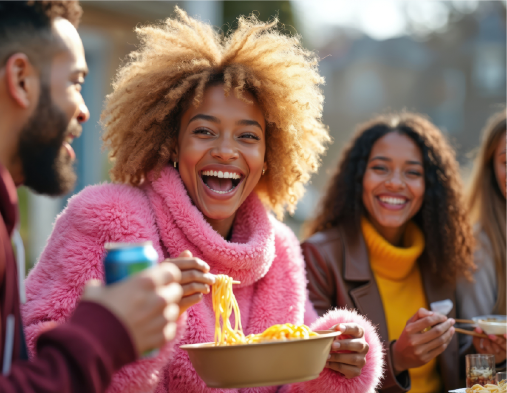 People laughing and eating food