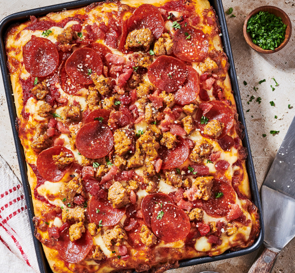 Meat lovers Detroit style pizza