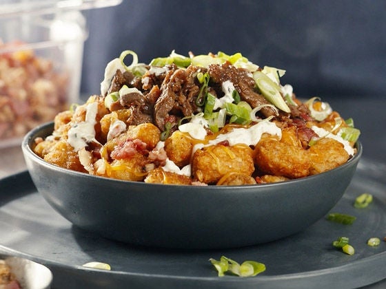Steak-EZE® loaded bbq steak tots recipe image.