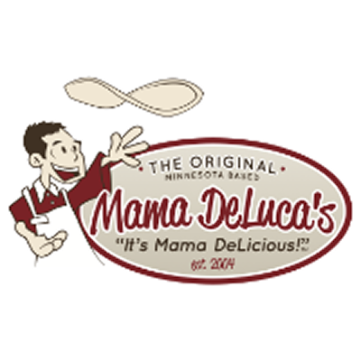 Mama DeLuca's logo with a smiling cartoon chef in a red shirt and white apron tossing pizza dough
