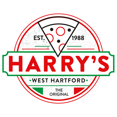 Harry's Pizza logo with 'HARRY'S' on a green banner, a pizza slice above, and 'West Hartford' and 'Est. 1988'