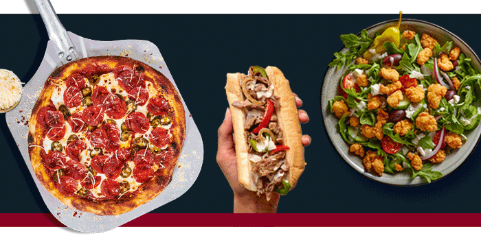 Pepperoni and jalapeno pizza, philly steak sandwich, chicken salad, philly steak pizza, buffalo wings and three meat pizza.